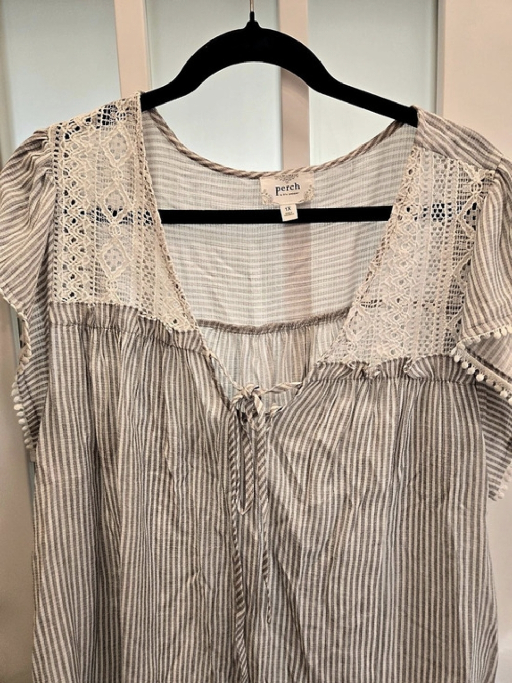 Perch by Blu Pepper Striped Lace-Trim Flutter Sleeve Top Gray & White 1X - Picture 3 of 4
